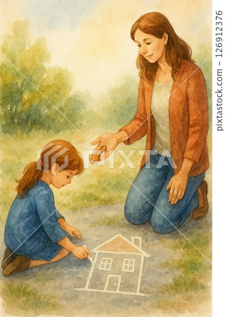 A girl draws a house with chalk as a woman kneels beside her, offering a golden key with a warm smile.Concept: Nurturing dreams into reality through guidance. 126912376