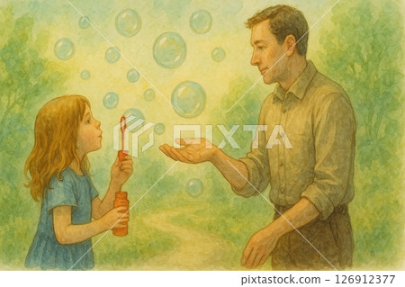 A girl blows soap bubbles while a man gently reaches out to catch one in a serene green park.Concept: Sharing moments of wonder across generations. 126912377