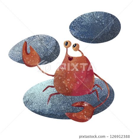 Cheerful red crab waving claw sitting on a rock . Hand-drawn watercolor digital illustration in a cute children's style. Perfect for kids' books, nursery decor, and educational materials Cheerful red crab waving claw sitting on a rock . Hand-drawn watercolor digital illustration in a cute children's style. Perfect for kids' books, nursery decor, and educational materials 126912388