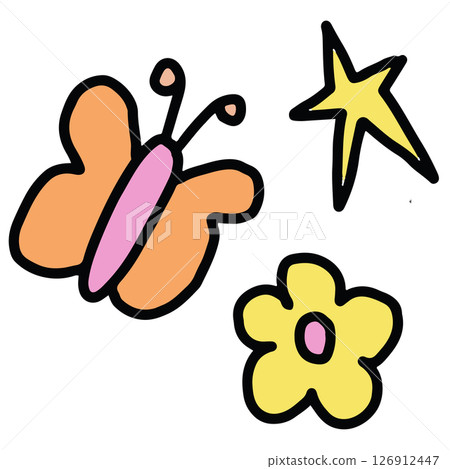 Hand drawn orange butterfly, flower, star for animal, zoo, souvenir shop, cute patches, shirt print, brooch, spring, summer, nature, garden, backyard, floral print, blossom, blooming, insects, home Hand drawn orange butterfly, flower, star for animal, zoo, souvenir shop, cute patches, shirt print, brooch, spring, summer, nature, garden, backyard, floral print, blossom, blooming, insects, home 126912447