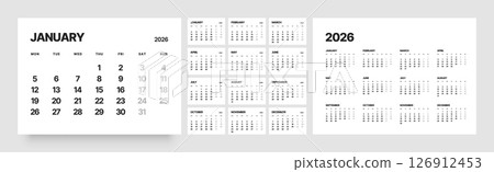 Monthly calendar layout for 2026. Planner diary. 126912453