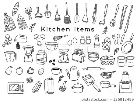 Kitchen item illustration set - Hand-drawn monochrome line drawings 126912499