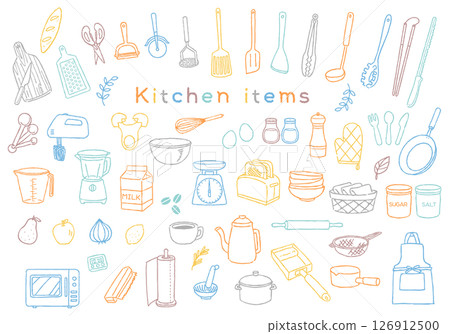 廚房用品插圖集-手繪線條圖 126912500