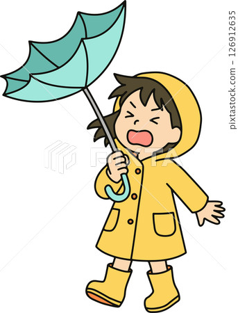 一個孩子因為雨傘被風吹壞而陷入困境 126912635
