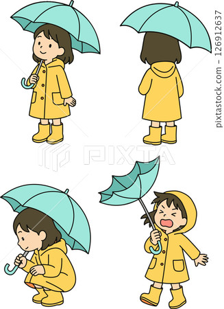 穿著雨衣和雨傘的孩子們擺出一組插圖 126912637