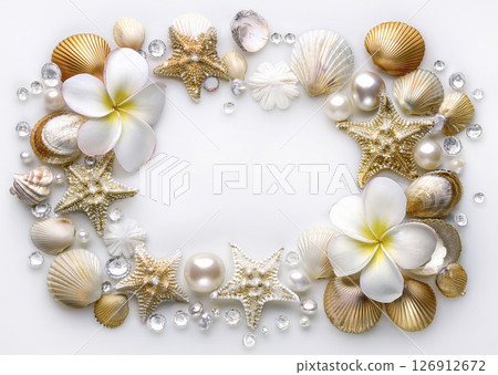 A luxurious tropical-inspired frame in white with sparkling glass beads 126912672