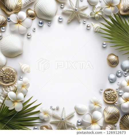 A luxurious tropical frame with white tones, gold and pearls. 126912673