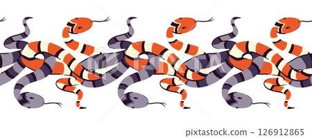 Horizontal seamless pattern of snakes with intertwined tails. Vector illustration. Witch magic sign, symbol of wisdom and knowledge. Ancient symbol of occultism, magic, infinity, mysticism. Horizontal seamless pattern of snakes with intertwined tails. Vector illustration. Witch magic sign, symbol of wisdom and knowledge. Ancient symbol of occultism, magic, infinity, mysticism. 126912865