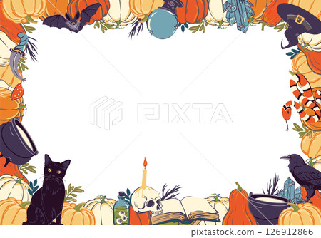 Rectangle frame with magic items, Halloween decoration. Template with witchcraft and witchcraft items, cauldron, grimoire, potion, elixir, skull, magic ball, cat, snake, owl, toad, spider. Vector. 126912866