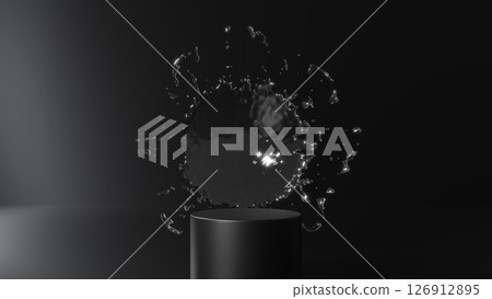 Splashes and pedestal on a black background. 3D (horizontal) 126912895