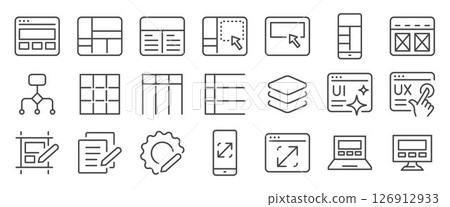 Template icon set. It included mockup, wireframe, grid system, layout, web, responsive design and more icons. Editable Vector Stroke. Template icon set. It included mockup, wireframe, grid system, layout, web, responsive design and more icons. Editable Vector Stroke. 126912933