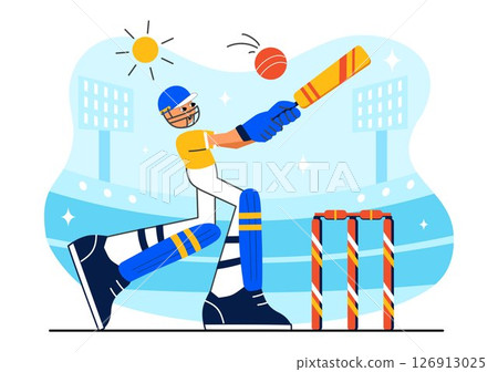 Batsman Playing Cricket Vector Illustration Featuring Bat and Ball on the Field for a Championship Tournament League in a Flat Style Background 126913025
