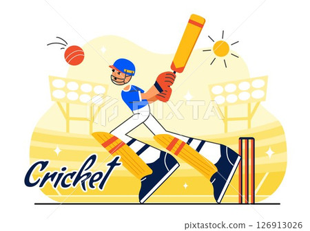Batsman Playing Cricket Vector Illustration Featuring Bat and Ball on the Field for a Championship Tournament League in a Flat Style Background 126913026