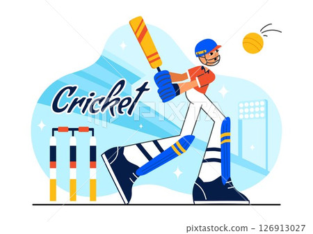 Batsman Playing Cricket Vector Illustration Featuring Bat and Ball on the Field for a Championship Tournament League in a Flat Style Background 126913027