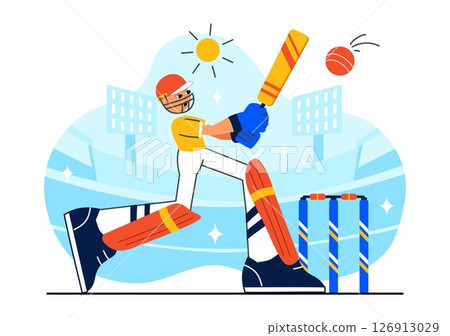 Batsman Playing Cricket Vector Illustration Featuring Bat and Ball on the Field for a Championship Tournament League in a Flat Style Background 126913029