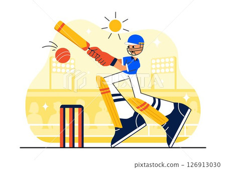 Batsman Playing Cricket Vector Illustration Featuring Bat and Ball on the Field for a Championship Tournament League in a Flat Style Background 126913030