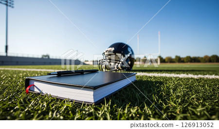 Notebook with pen resting on green field, blurred helmet and stadium in background under clear sky. Sunlight casts long shadows, emphasizing open space and sports atmosphere Notebook with pen resting on green field, blurred helmet and stadium in background under clear sky. Sunlight casts long shadows, emphasizing open space and sports atmosphere 126913052