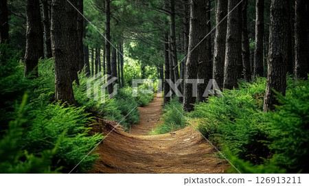 serene path winds through majestic pine woodland, surrounded by towering evergreens and lush greenery, inviting exploration 126913211
