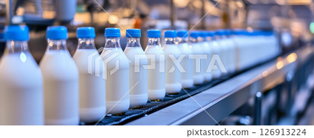 Fresh milk bottles move along automated conveyor line in dairy processing facility, showcasing efficiency and quality Fresh milk bottles move along automated conveyor line in dairy processing facility, showcasing efficiency and quality 126913224