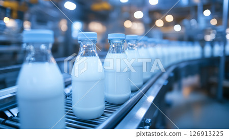 Fresh milk bottles move along automated conveyor line in factory, showcasing modern production process Fresh milk bottles move along automated conveyor line in factory, showcasing modern production process 126913225