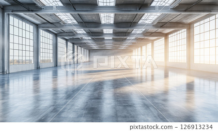 spacious industrial building interior with large windows allowing natural light to flood in, creating serene atmosphere 126913234