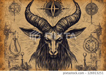 detailed engraving of goat head with large horns, surrounded by mystical symbols and alchemical elements, evokes sense of 126913251