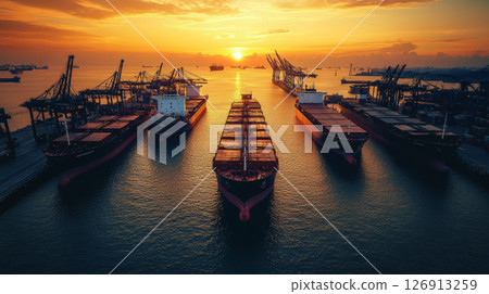 Cargo ships docked at vibrant sunset port, showcasing beautiful maritime scene with warm colors and silhouettes 126913259