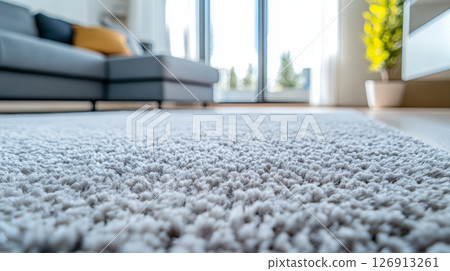 Soft fluffy carpet rug in bright living room, creating cozy atmosphere with natural light streaming in Soft fluffy carpet rug in bright living room, creating cozy atmosphere with natural light streaming in 126913261