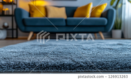close up view of soft, fluffy carpet rug cozy living room, featuring stylish couch with yellow cushions, creating warm close up view of soft, fluffy carpet rug cozy living room, featuring stylish couch with yellow cushions, creating warm 126913263