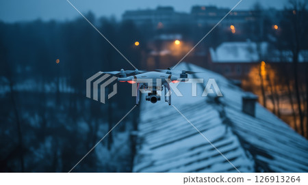 drone hovers above snowy house roof, capturing images serene evening setting. soft glow of city lights adds tranquil drone hovers above snowy house roof, capturing images serene evening setting. soft glow of city lights adds tranquil 126913264