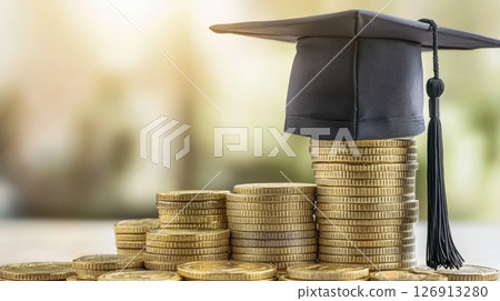 Graduation cap on stack of gold coins symbolizes cost of education and financial investment in future success 126913280