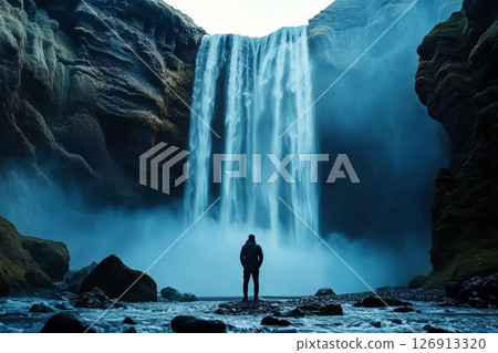 man stands in front of large waterfall, surrounded by mist and rocks, evoking sense of awe and tranquility 126913320