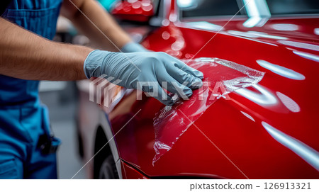 Applying car protection film on red vehicle, professional service 126913321
