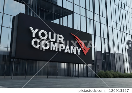 modern facade sign showcasing company logo in front of sleek glass building, conveying professionalism and innovation 126913337