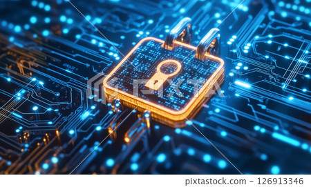 digital padlock symbolizes cybersecurity, surrounded by glowing circuits and data streams, evoking sense of protection and 126913346