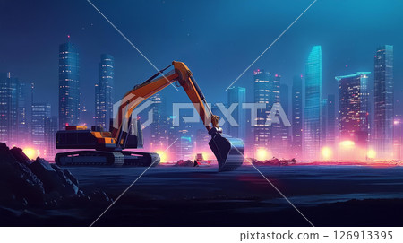 Excavator working at night in vibrant cityscape, showcasing modern construction amidst glowing skyscrapers Excavator working at night in vibrant cityscape, showcasing modern construction amidst glowing skyscrapers 126913395