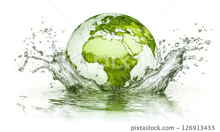 Globe with green continents splashing in water, symbolizing nature beauty and vitality Globe with green continents splashing in water, symbolizing nature beauty and vitality 126913433