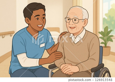 Smiling foreign caregiver supporting an elderly man in a wheelchair 126913548