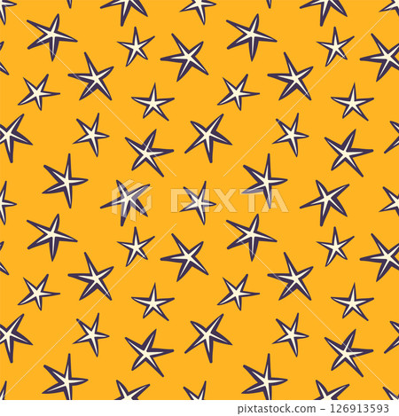 Seamless geometric black and white pattern. Abstract contours of stars on yellow background. Vector illustration with brush for textiles, children's clothes, wrapping paper. 126913593