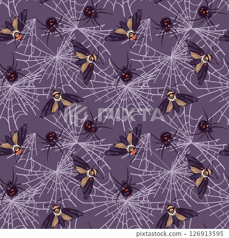 Vector seamless pattern with black spider and butterfly in flat style. Widow Latrodectus occidentalis and Death's Head moth hanging on the web. Halloween background design. 126913595