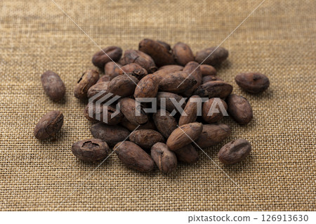 烤好的可可豆擺放在亞麻布上 126913630