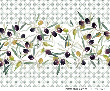 Horizontal seamless pattern with watercolor olive branches and green leaves, set over a subtle geometric tile background. Ideal for kitchen prints, fabric, table runners, packaging, or Mediterranean Horizontal seamless pattern with watercolor olive branches and green leaves, set over a subtle geometric tile background. Ideal for kitchen prints, fabric, table runners, packaging, or Mediterranean 126913712