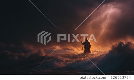 Jesus walks on stormy waters as lightning strikes and waves crash in a moment of unwavering faith and courage Jesus walks on stormy waters as lightning strikes and waves crash in a moment of unwavering faith and courage 126913734