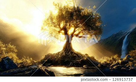 Symbolic representation of the tree of life in Eden reflecting divine prophecy and eternal life in Christianity 126913737