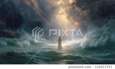 Jesus walks on water during a fierce storm, demonstrating unwavering faith amidst chaotic waves and flashes of lightning 126913741