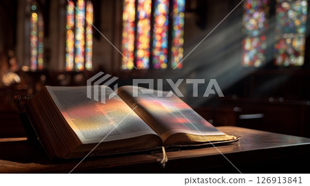 Open Bible on stand illuminated by sunlight in a church with stained glass windows Open Bible on stand illuminated by sunlight in a church with stained glass windows 126913841