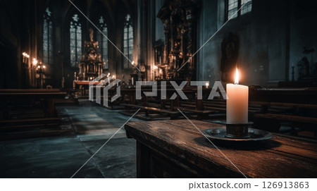 Candlelight reflects faith and devotion in a historic church setting, creating a serene atmosphere for prayer and reflection 126913863