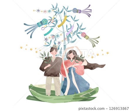 Illustration of Orihime and Hikoboshi riding on a bamboo boat (picture book style watercolor touch) 126913867