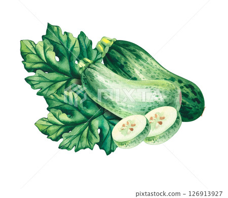 Watercolor composition with zucchini isolated on white 126913927