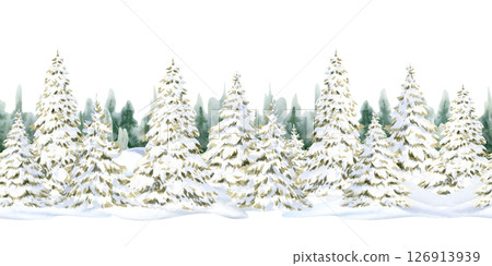Winter fir forest in snow watercolor seamless border isolated on white. Hand drawn Christmas trees in snowdrifts banner for Happy New Year cards and greetings. Snowy horizontal landscape clip art Winter fir forest in snow watercolor seamless border isolated on white. Hand drawn Christmas trees in snowdrifts banner for Happy New Year cards and greetings. Snowy horizontal landscape clip art 126913939